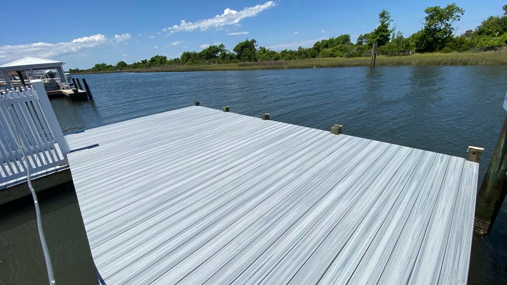 light grey colored lake dock