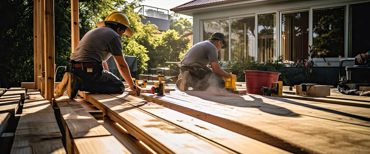 Builders focused on constructing a wooden deck for a residential property