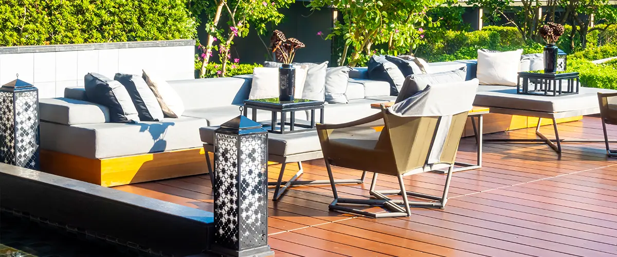 Refined deck repair in Willow Spring with modern furnishings.
