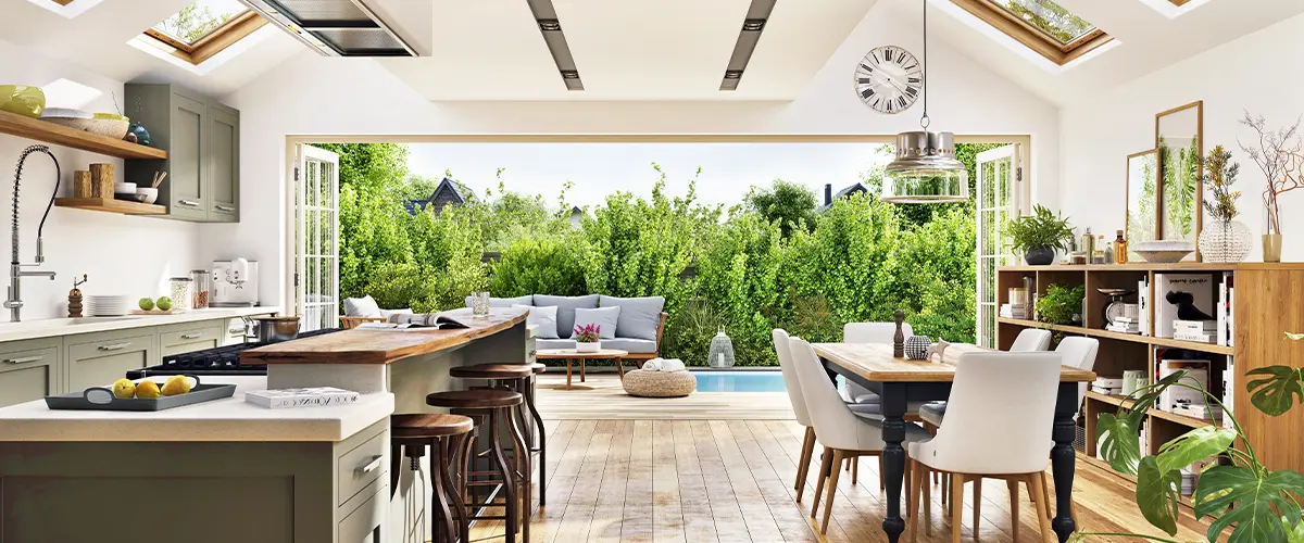 Bright open-concept outdoor kitchen on deck and dining area with large windows and seamless transition to outdoor patio with lush greenery - modern indoor-outdoor living space.