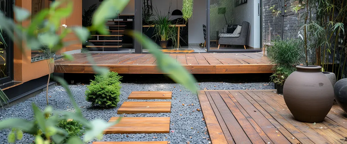 Modern courtyard with wooden deck and stepping stones, leading to a glass-walled living area with lush green plants and minimalist furniture.