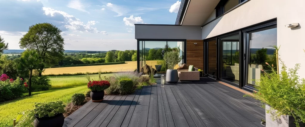A modern house with an outdoor pvc decking and garden