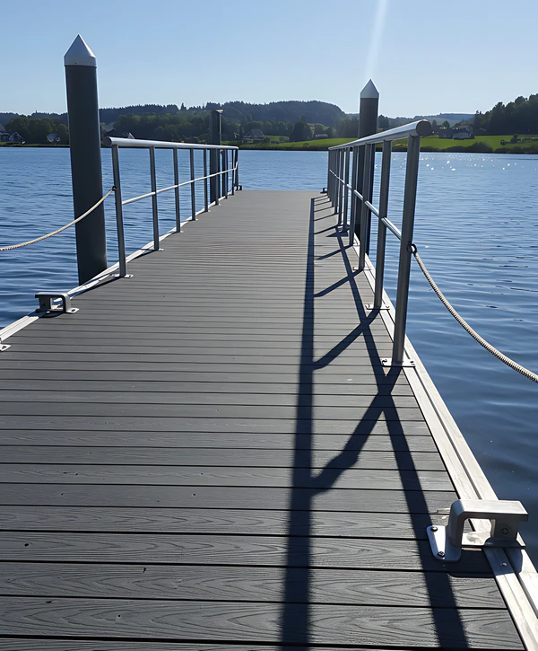 Professional dock building in Coats, NC featuring a modern grey composite pier with silver safety railings extending into the water.
