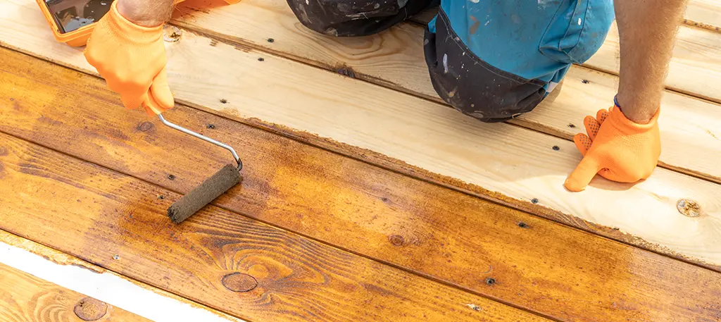 Contractor applying deck sealer with roller on wooden deck boards during deck sealing and maintenance process