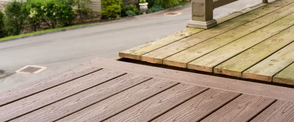 Trex vs wood deck comparison showing composite decking beside pressure-treated wood deck boards